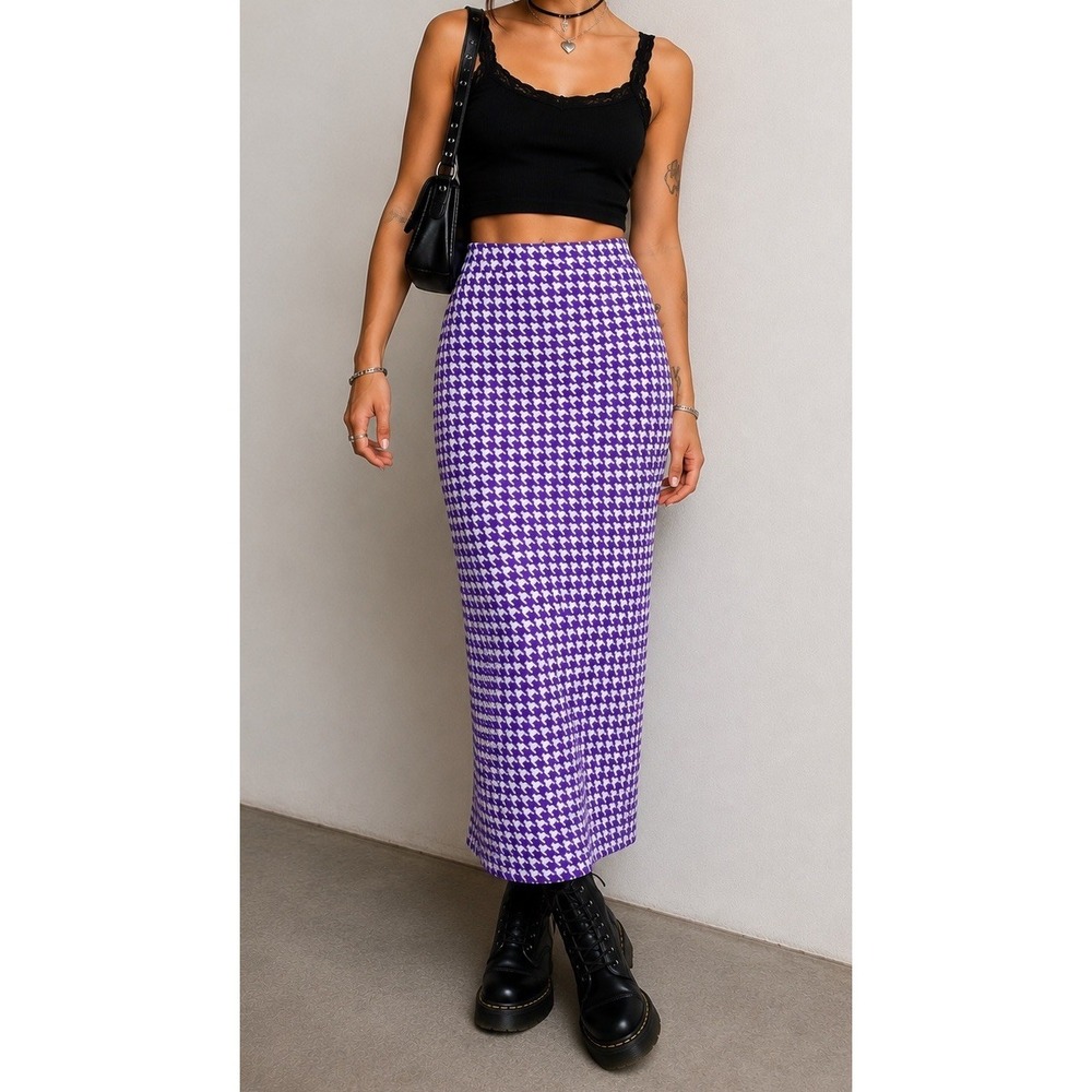 Vintage Belissima Purple White Houndstooth Maxi Pencil Skirt S Womens Retro Chic - Picture 1 of 7